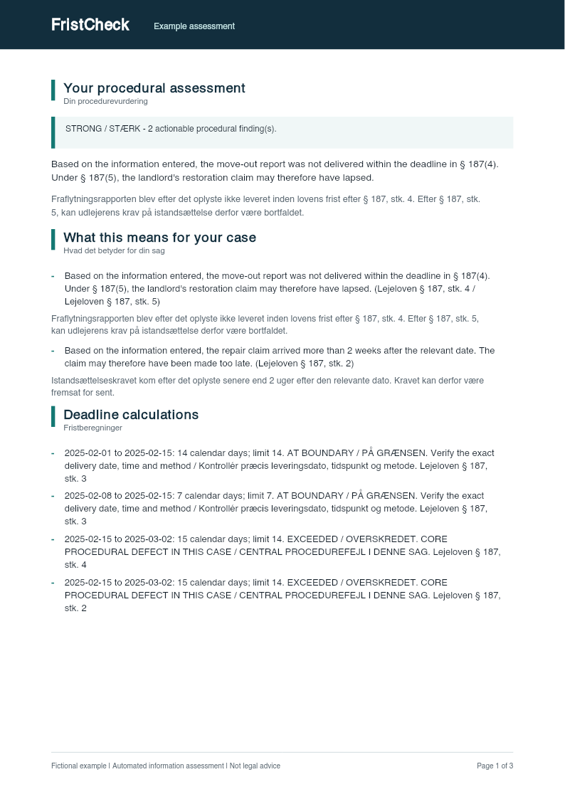 First page of the fictional FristCheck assessment with a conclusion and deadline calculations